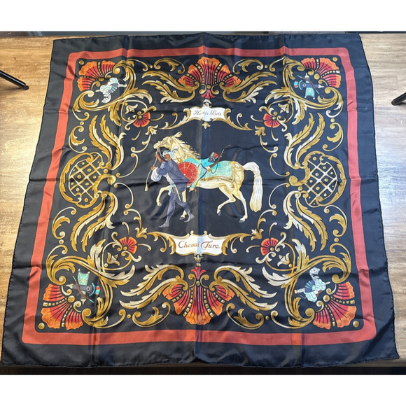 HERMES Carr 90 Cheval Turc Turkish Horse Large Scarf Black Ladies - Picture 1 of 8